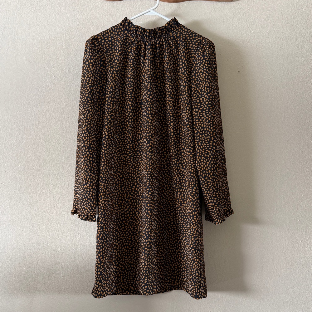 J. Crew Black Camel Abstract Spot Shift Dress Mock Neck Ruffle Trim Size 2